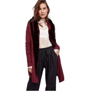 Free People Westwood Hooded Cardigan Coat Velvet Trim Berry Burgundy- small